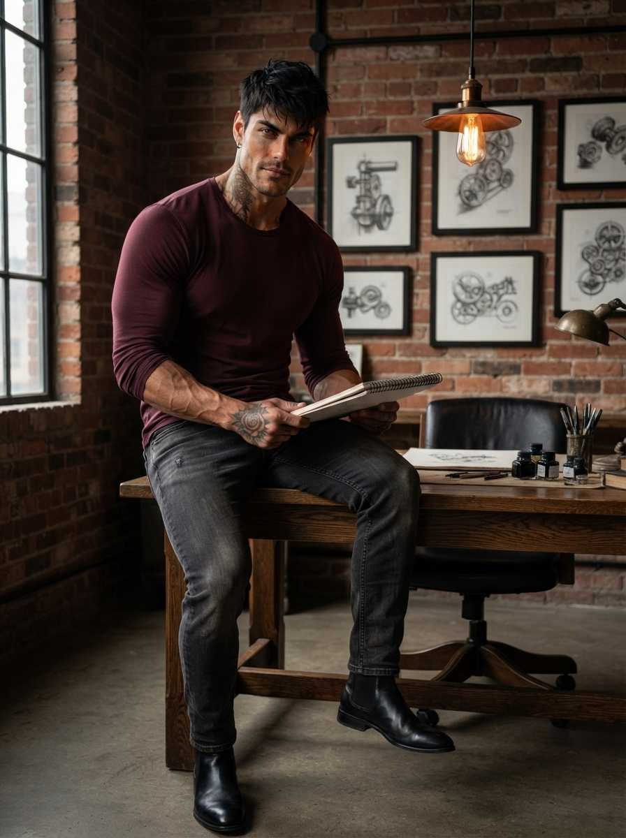 Seth — In a three-quarter body shot, Seth sits on a wooden desk in a brick-walled room, looking at the camera with a serious expression while holding a notebook, wearing a maroon long-sleeved shirt, dark grey jeans, and black leather boots, with his muscular arms and torso prominently visible.