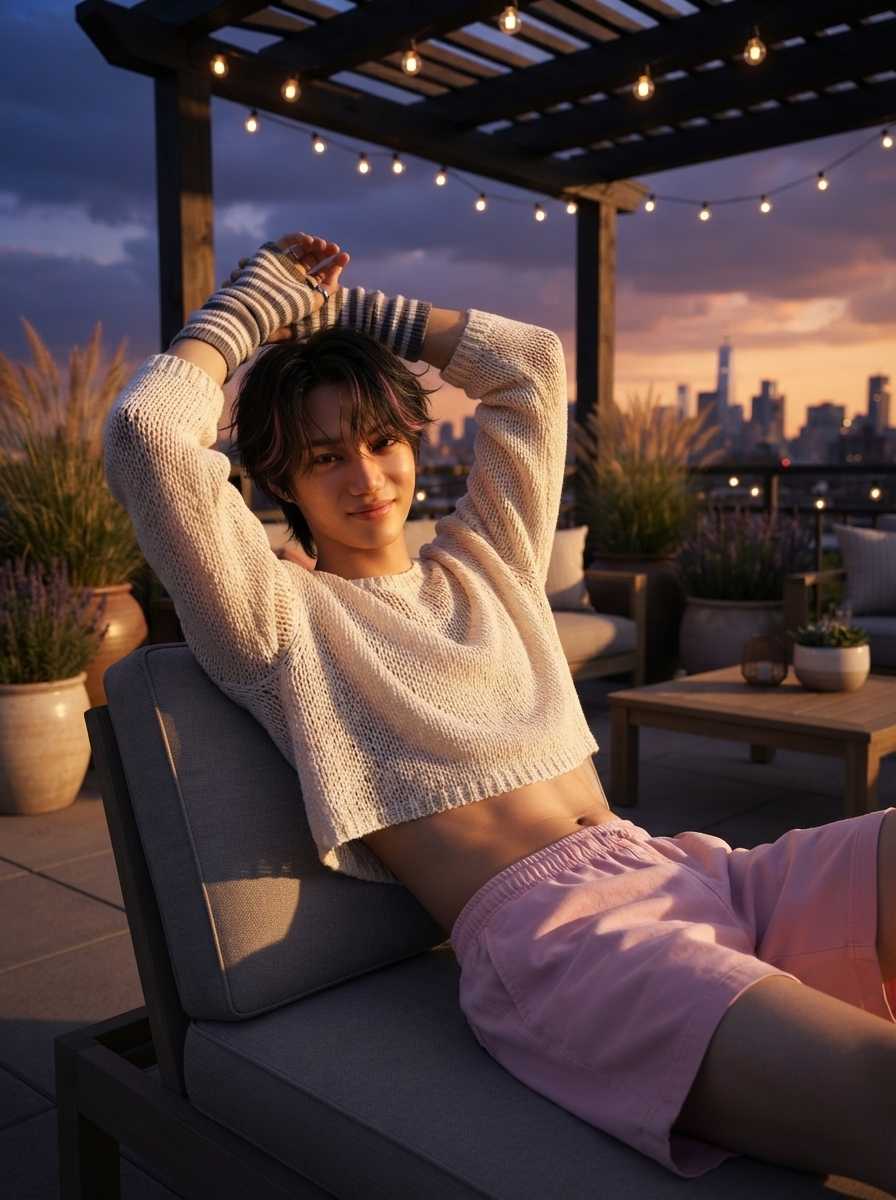 Kai — In a three-quarter body shot, Kai reclines on a grey lounge chair on a rooftop terrace at dusk, his arms raised and hands clasped behind his head as he gazes at the camera with a soft smile, wearing a cream-colored knitted cropped sweater that exposes his midriff, pink shorts, and striped knit arm warmers, with the city skyline and string lights visible in the background.