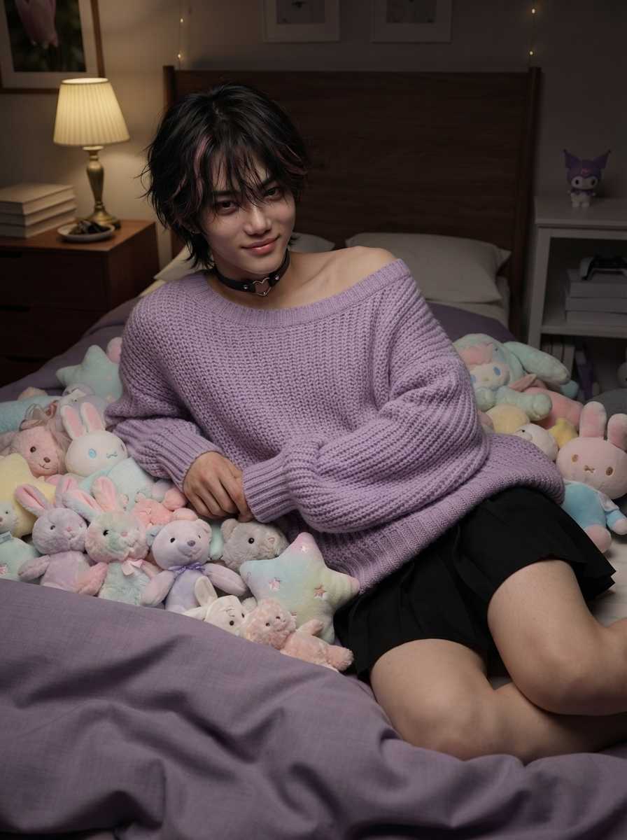 Kai — In a dimly lit bedroom setting, Kai is captured in a three-quarter body shot, reclining on a bed surrounded by colorful plush toys while wearing a loose, lavender off-the-shoulder knit sweater and black shorts, with his face and upper body filling the frame and his legs partially visible.