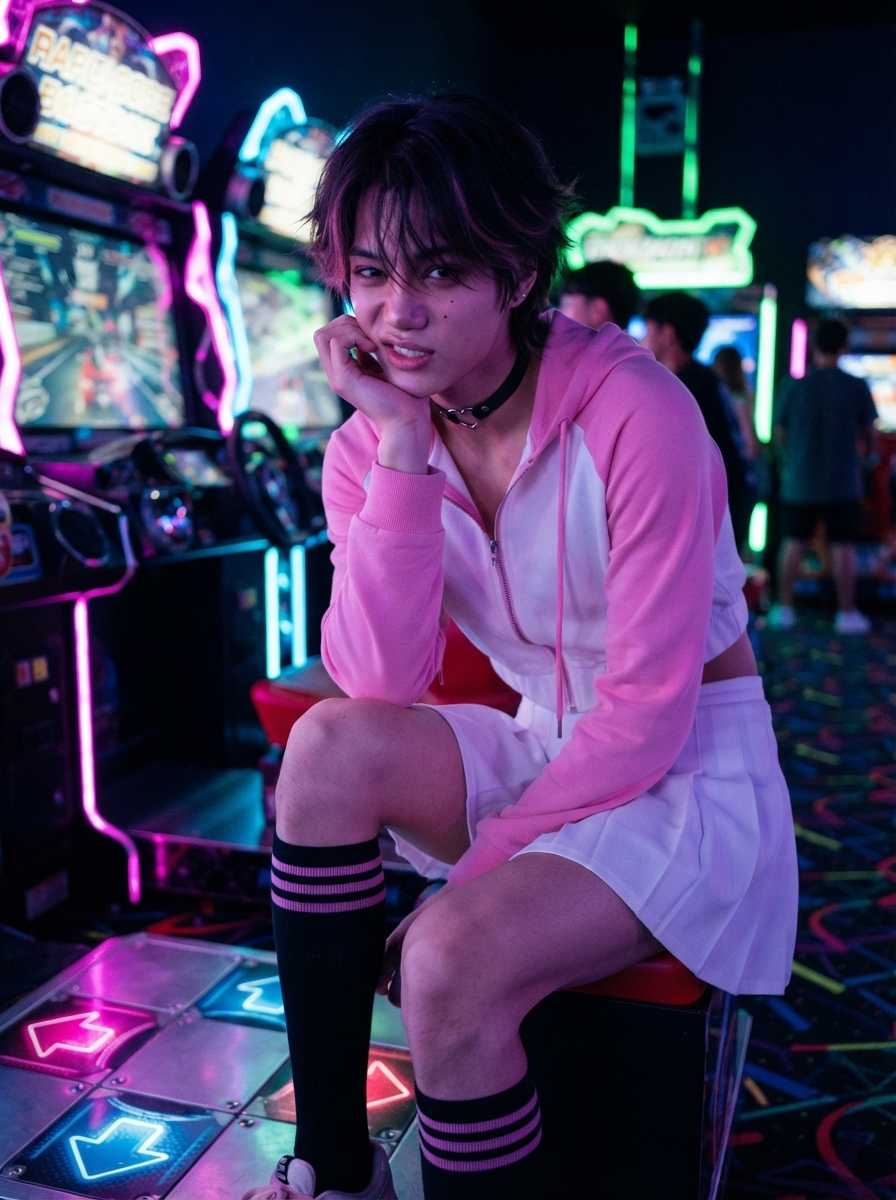 Kai — In a three-quarter body shot within a neon-lit arcade, Kai sits on a red stool with his right elbow resting on his knee and his hand supporting his chin, displaying a confident smirk while wearing a pink and white zip-up hoodie, a white pleated skirt, black knee-high socks with pink stripes, and pink sneakers, with his face and upper body filling the frame.