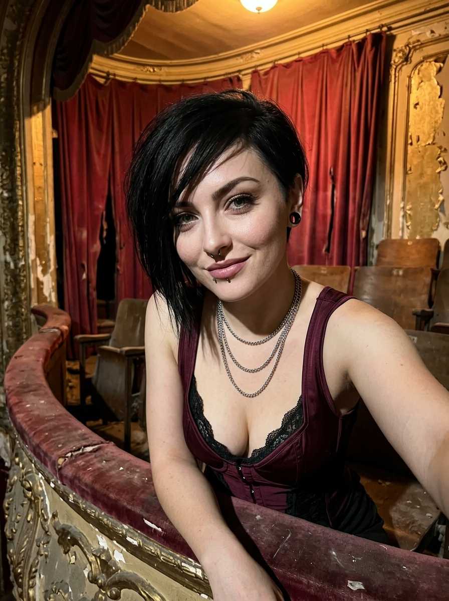 Lillith — In a close-up shot within a dilapidated theater, Lillith leans casually against a velvet balcony railing, wearing a burgundy corset with black lace trim, layered silver necklaces, and a nose ring, while offering a subtle smile to the camera.