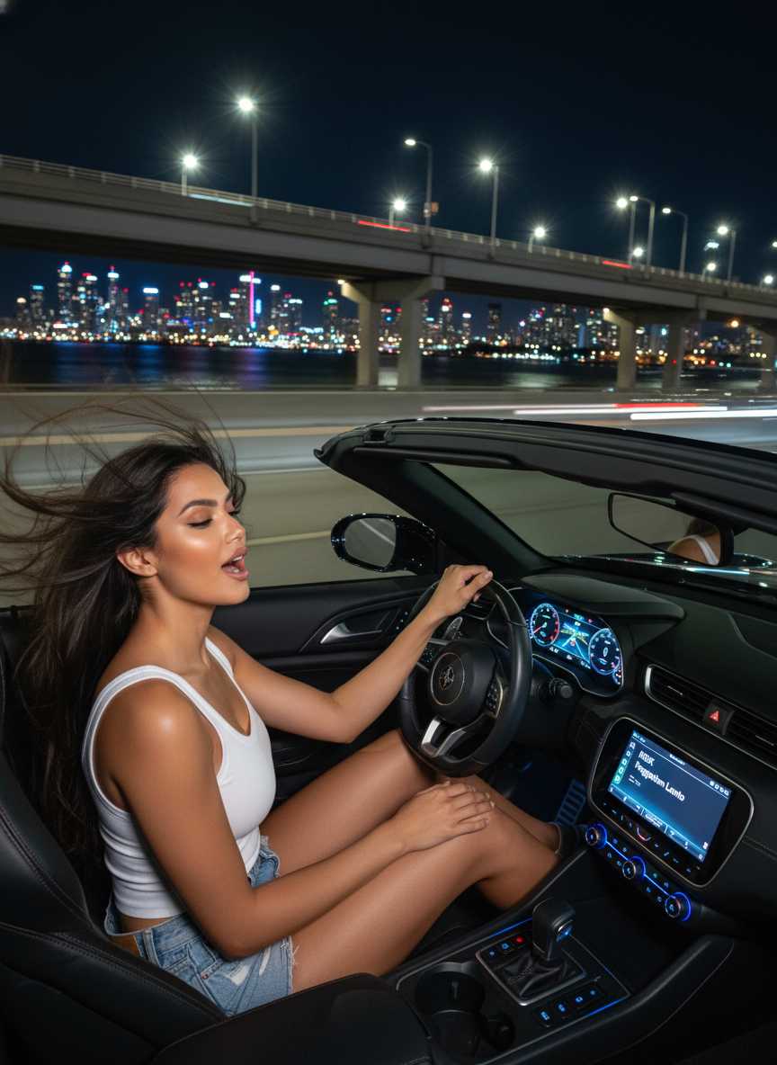 Sofia — Sofia drives a convertible at night, her hair blowing back as she sings with an open mouth, wearing a white tank top and blue denim shorts, with a vibrant city skyline and an illuminated bridge in the background.