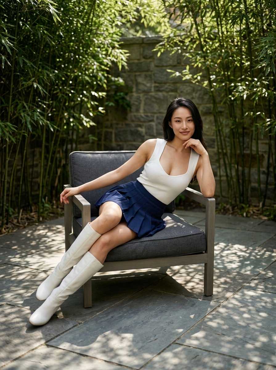 Luna — In a three-quarter body shot, Luna sits elegantly on a grey outdoor armchair surrounded by bamboo, wearing a white ribbed tank top, a navy blue pleated mini skirt, and white knee-high boots, with her legs crossed and one hand resting on her chin while smiling softly at the camera.