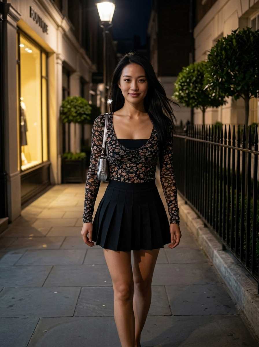 Luna — In a three-quarter body shot, Luna walks confidently down a city sidewalk at night, her full figure visible from head to toe, with her face and upper body prominently displayed. She wears a black floral long-sleeve top with a square neckline, a black pleated mini skirt, and carries a small silver shoulder bag; her footwear is not visible. Her expression is calm and composed, with a slight smile, and her body curves are clearly defined by the fitted top and short skirt.