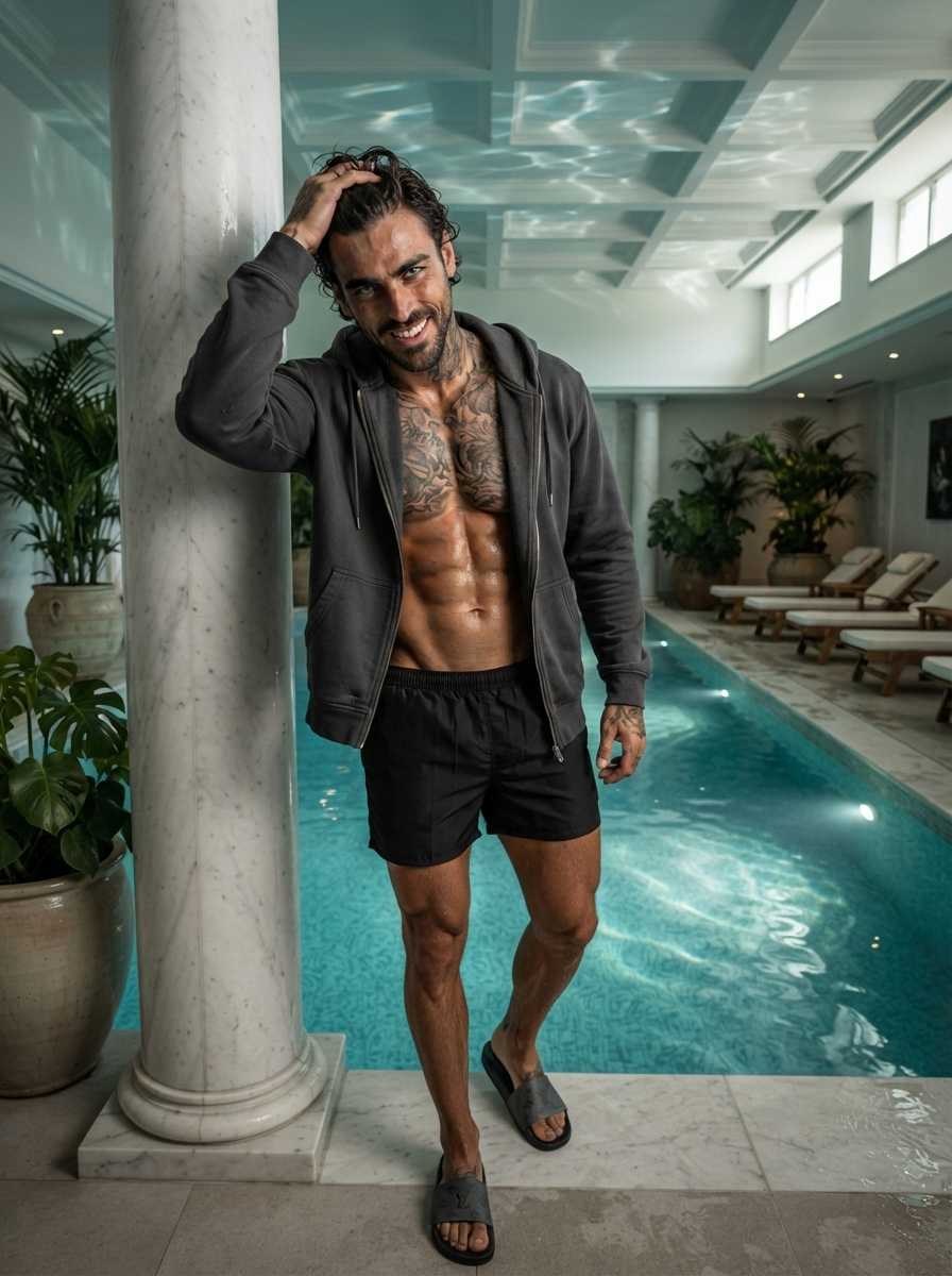 Marcus — In a three-quarter body shot, a smiling Marcus leans casually against a marble column by an indoor pool, wearing a black zip-up hoodie unzipped to reveal his chest and abs, black shorts, and black slide sandals, with his full figure visible from head to toe.