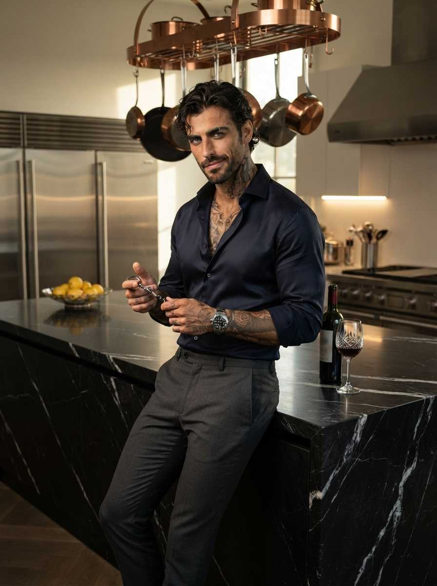 Marcus — In a dimly lit, modern kitchen, a man with visible tattoos on his chest and arms leans casually against a black marble island, wearing a dark button-up shirt with the top buttons undone to reveal his chest tattoos, dark trousers, and dark shoes, while holding a corkscrew and gazing directly at the camera in a three-quarter body shot that captures him from the knees up.