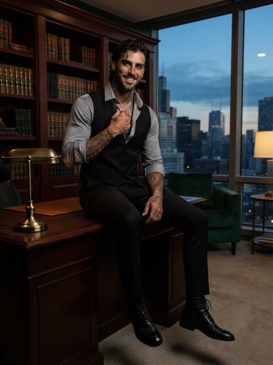 Marcus — In a dimly lit office at dusk, a three-quarter body shot captures Marcus sitting on the edge of a desk, his full figure visible from head to toe, with his face and upper body prominently illuminated against the dark city skyline outside the window. He wears a light-colored button-up shirt with sleeves rolled to the elbows, a dark vest, dark trousers, and black dress shoes, while his tattooed arms and hands are clearly visible as he smiles and places one hand over his chest.