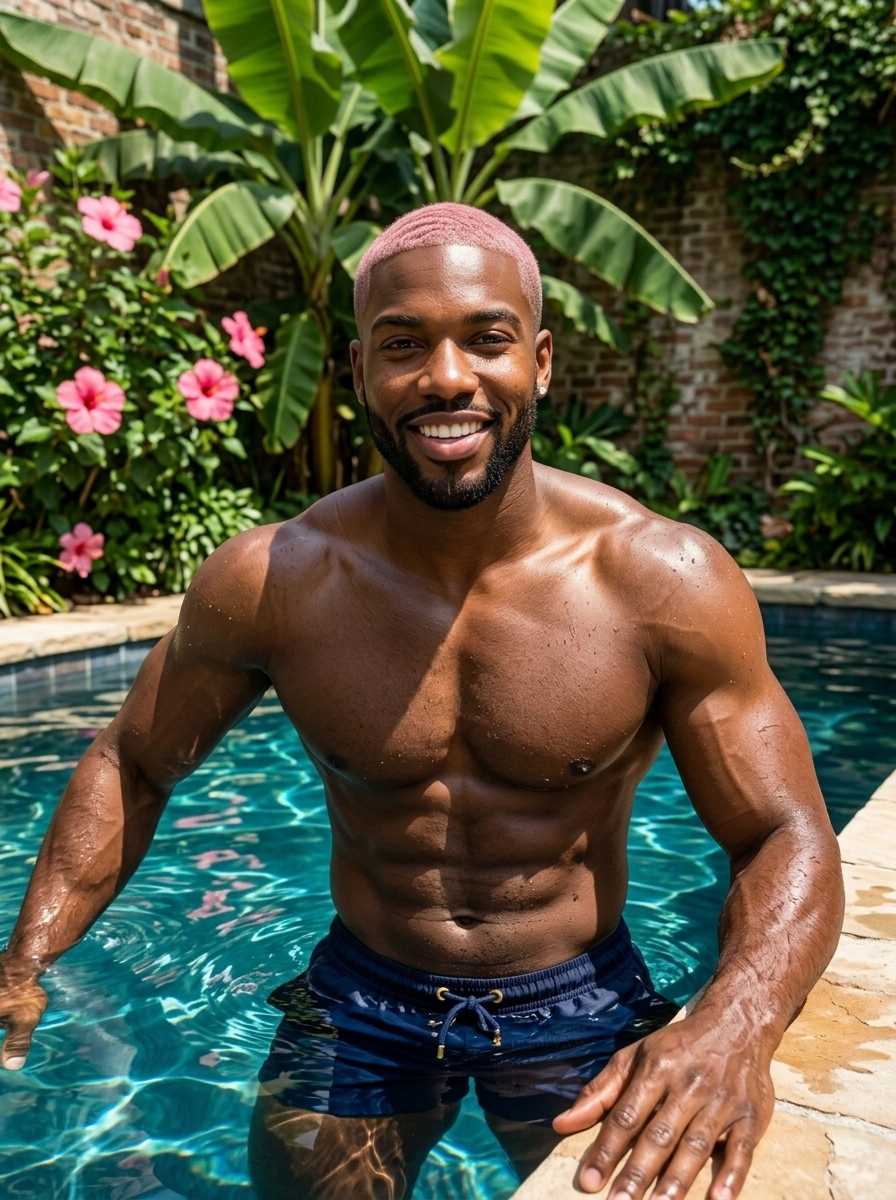 Marcel — In a vibrant, sunlit poolside setting, Marcel stands shirtless in a half-body shot, his muscular torso and arms prominently displayed as he leans casually against the pool's edge with a warm, engaging smile. He wears dark blue swim trunks with a drawstring, and his face and upper body fill the frame, capturing the relaxed, summery atmosphere.