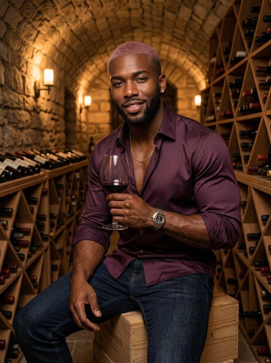 Marcel — In a three-quarter body shot set within a rustic wine cellar, Marcel sits confidently on a wooden crate, holding a glass of red wine while wearing a deep purple button-down shirt with the top buttons undone, dark blue jeans, and a silver wristwatch, with his face and upper body filling the frame to prominently display his muscular arms and chest.