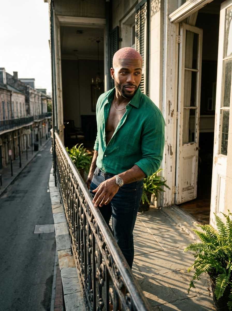 Marcel — In a three-quarter body shot, Marcel stands on a wrought-iron balcony overlooking a street, leaning casually against the railing with his left hand while looking directly at the camera with a confident expression. He wears an unbuttoned green long-sleeved shirt that reveals his chest and a gold chain necklace, paired with dark blue jeans and a silver watch on his left wrist. The setting features weathered white building facades and potted ferns, with sunlight casting shadows across the stone floor, and his full figure is visible from the knees up.