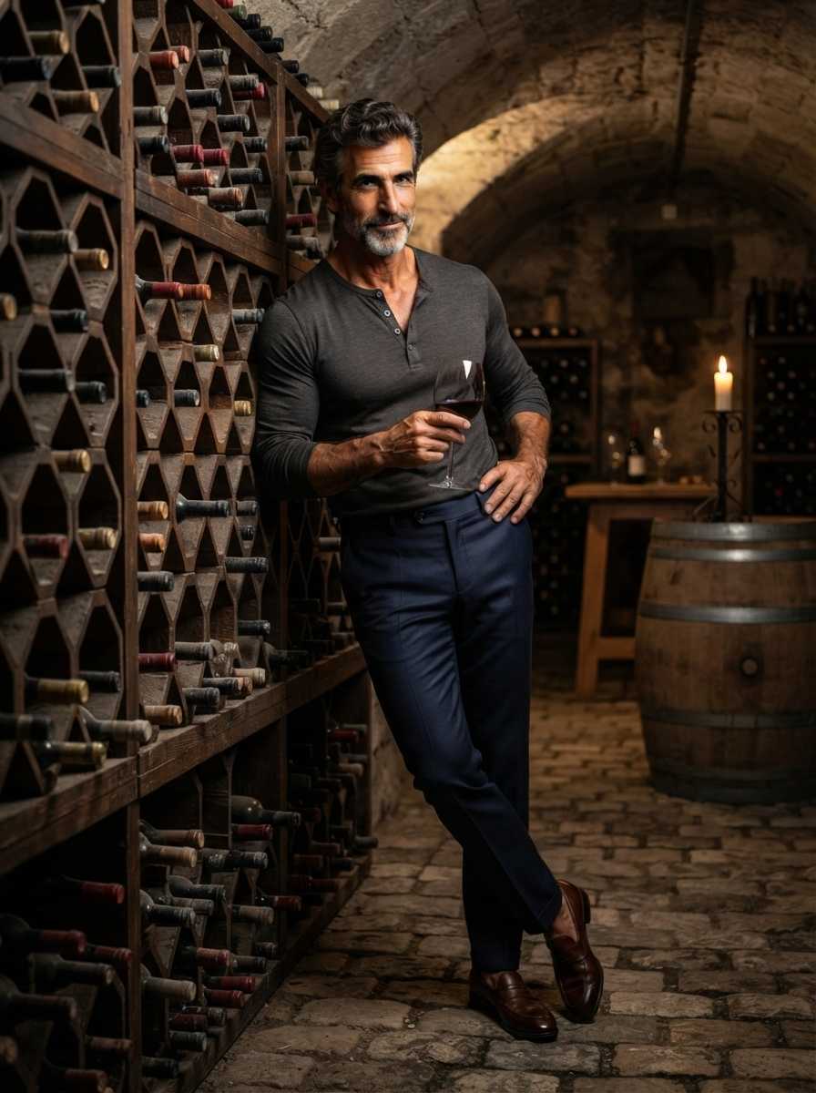 Mike — In a three-quarter body shot set in a dimly lit wine cellar, Mike leans against a wooden wine rack holding a glass of red wine in his right hand while his left hand rests on his hip, wearing a fitted grey long-sleeved henley shirt, dark blue trousers, and brown leather loafers, with his muscular arms and torso visible beneath the shirt as he smiles slightly and looks off-camera with his full figure framed by the stone arches and a large wooden barrel in the background.
