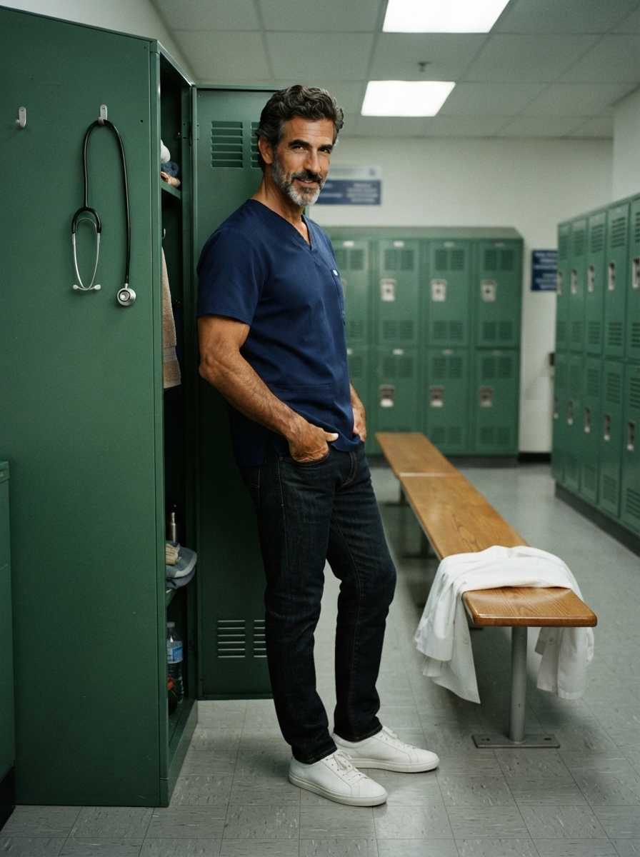Mike — In a three-quarter body shot within a green locker room, Mike stands with his full figure visible, leaning against an open locker with hands in the pockets of his dark jeans while wearing a blue scrub top and white sneakers, his arms and legs prominently visible as he smiles at the camera.