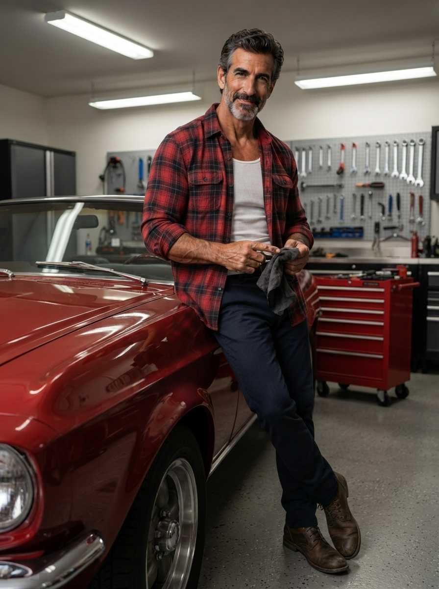 Mike — Leaning against a classic red car in a well-lit garage with a tool rack in the background, Mike poses in a three-quarter body shot showing his full figure, dressed in a red and black plaid flannel shirt, white ribbed undershirt, dark blue trousers, and brown leather boots, while holding a grey rag and smiling warmly with his forearms and legs prominently visible.