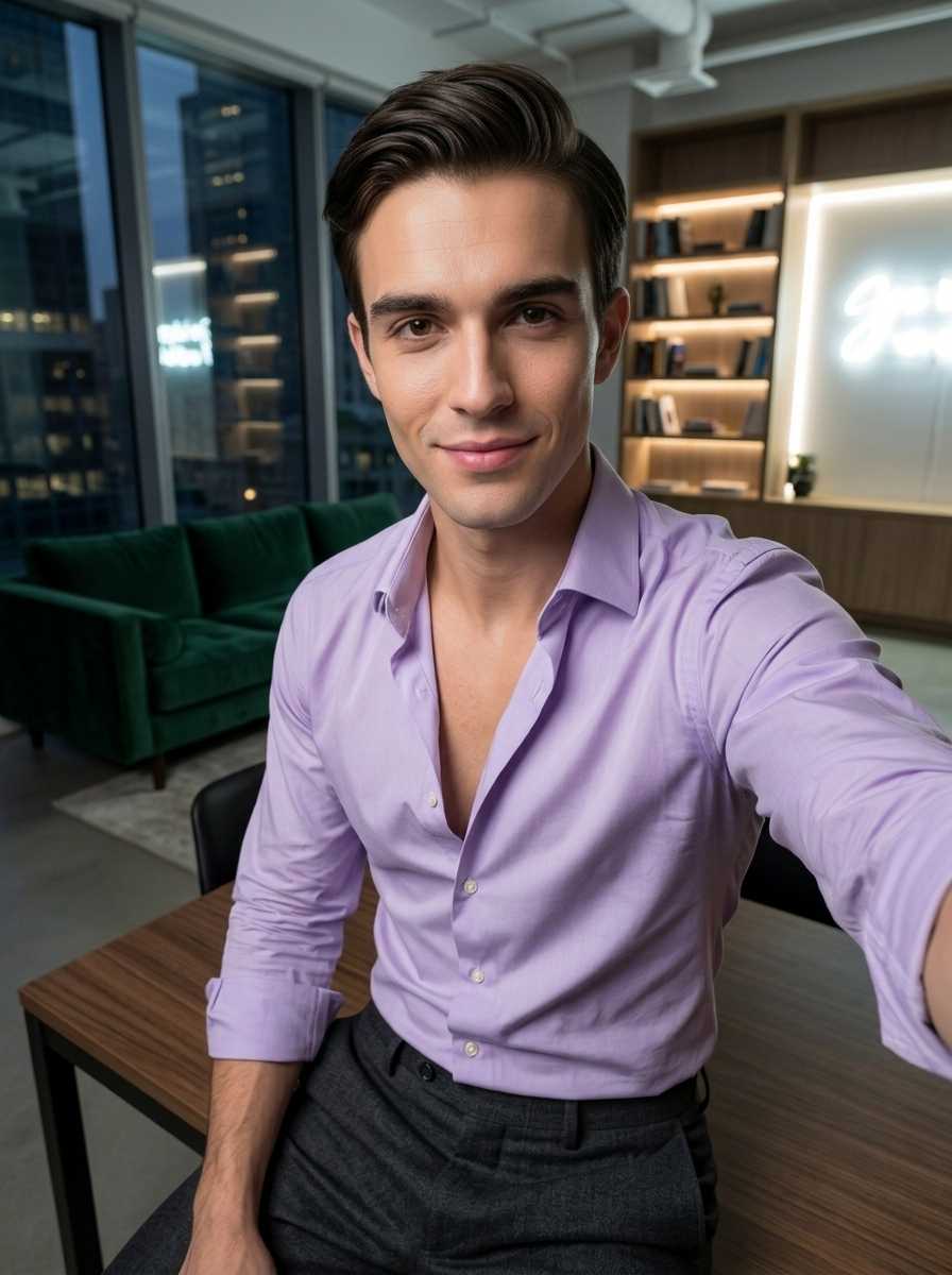Sam — In a closeup selfie shot, Sam sits at a wooden desk in a modern office, wearing a light purple button-down shirt with the top buttons undone to reveal his chest and dark grey trousers, while smiling softly at the camera with his face and upper body filling the frame.