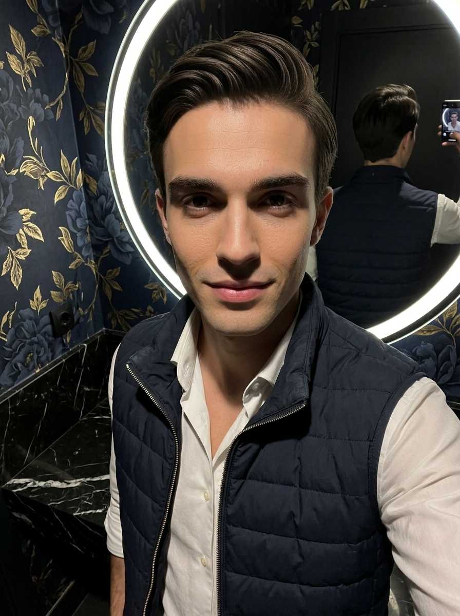 Sam — In a closeup selfie, Sam stands in front of a circular mirror with a ring light, his face and upper body filling the frame as he gazes directly at the camera with a subtle smile, wearing a navy blue quilted vest over a white button-up shirt with the top buttons undone, while his reflection in the mirror reveals the back of his outfit and the hand holding the phone, set against a backdrop of dark blue floral wallpaper and black marble surfaces.