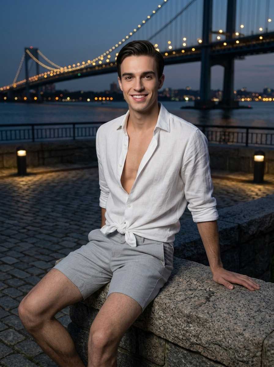 Sam — In a three-quarter body shot, Sam sits casually on a stone ledge with a brightly lit suspension bridge in the background, wearing an unbuttoned white linen shirt tied at the waist, light grey shorts, and no visible footwear, with his face and upper torso prominently displayed as he smiles directly at the camera.