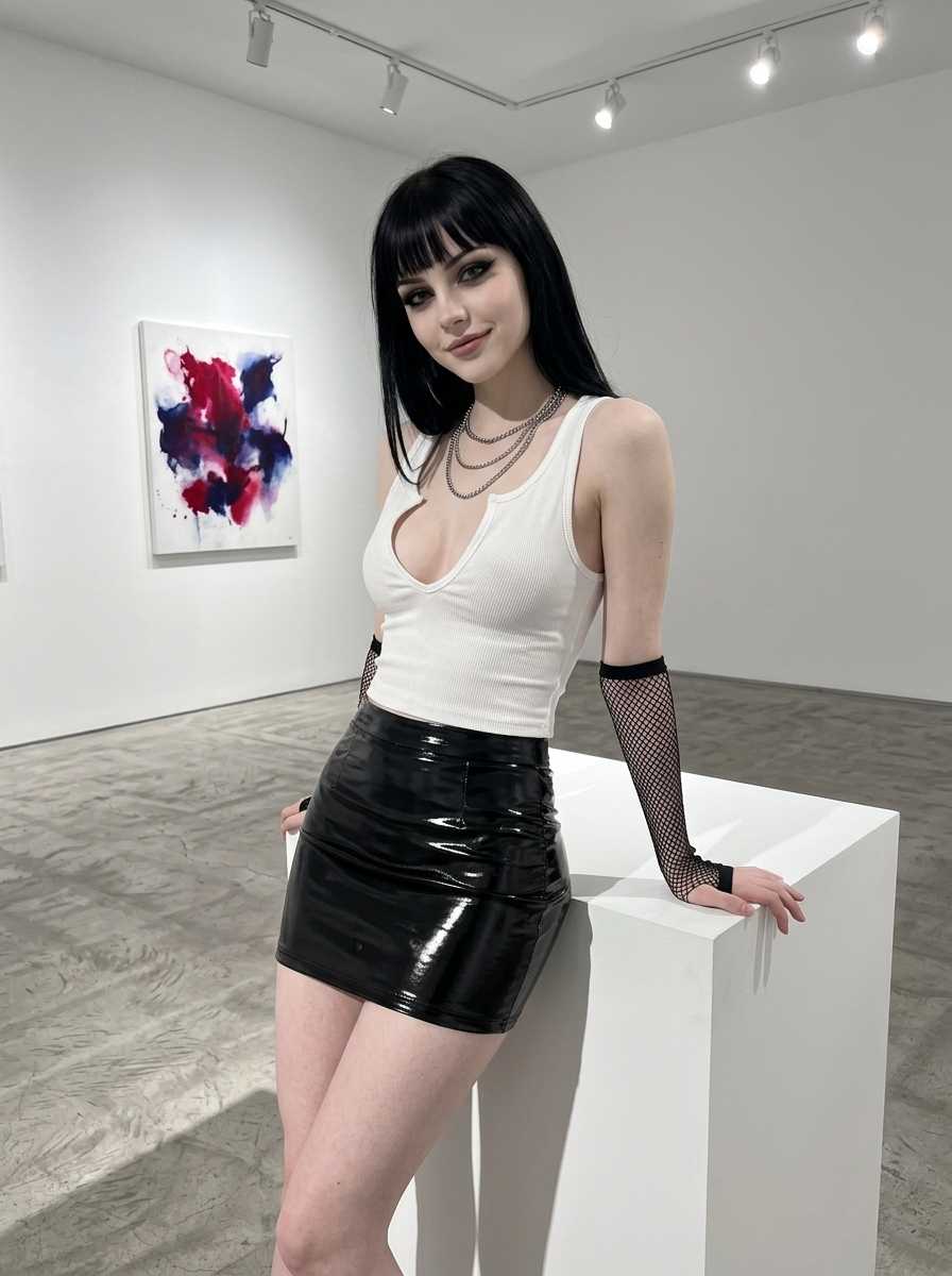 Kitty — In a three-quarter body shot in an art gallery, Kitty leans against a pedestal, her face and upper torso filling the frame while her legs are visible from the mid-thigh down, wearing a white ribbed tank top with a keyhole cutout, a black vinyl mini skirt highlighting her hips, and black fishnet arm sleeves, with footwear out of frame.