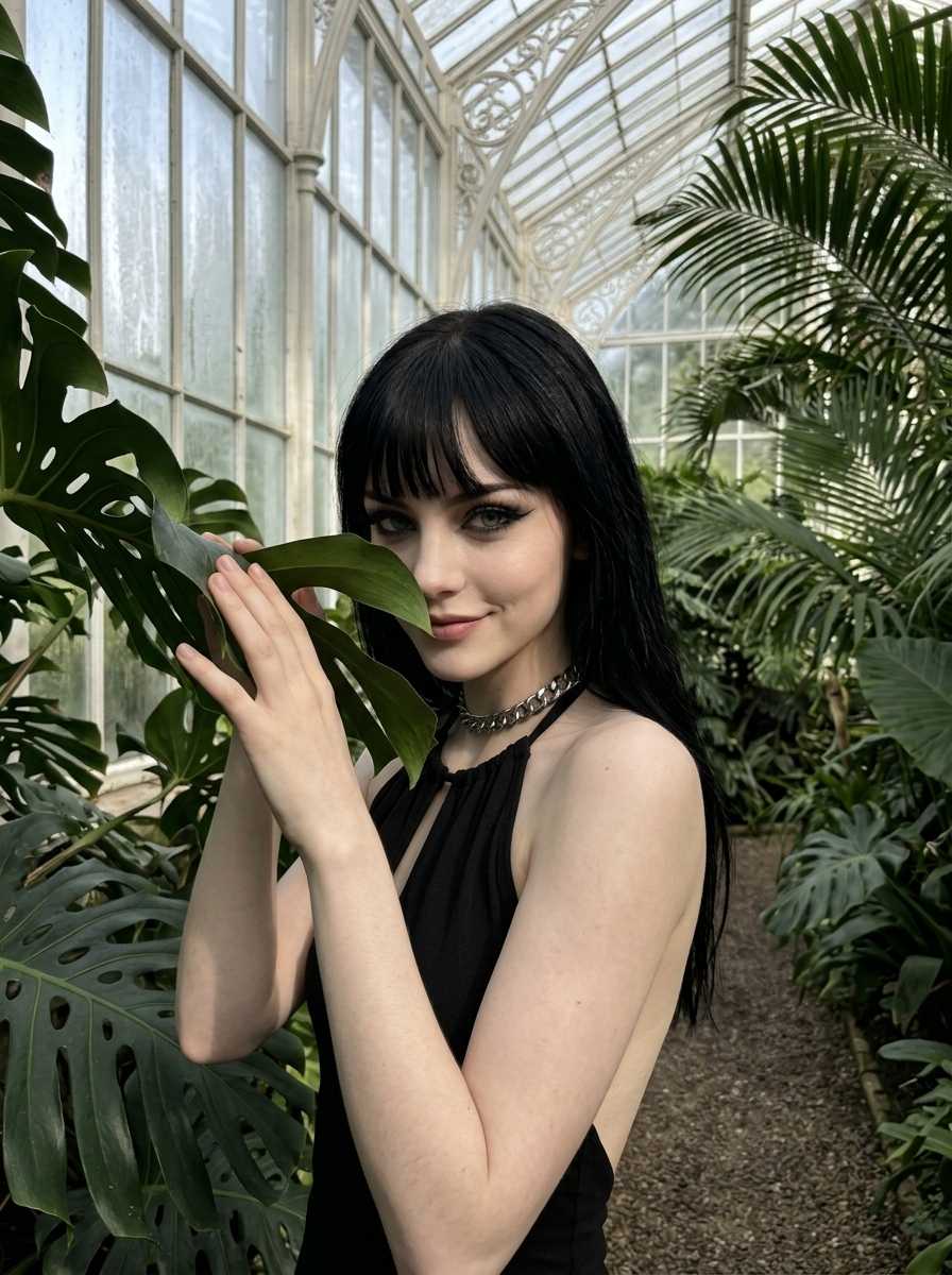 Kitty — In a medium shot where Kitty's face and upper body fill the frame, she stands amidst lush tropical plants in a sunlit greenhouse, holding a large leaf near her cheek with a subtle smile while wearing a black halter-neck top that exposes her shoulders and upper torso, paired with a silver chain choker.