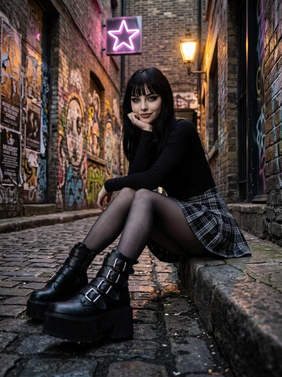Kitty — In a low-angle three-quarter body shot within a graffiti-lined alleyway, Kitty sits on a curb with legs crossed and hand on chin, wearing a black long-sleeve top, plaid mini-skirt, sheer black tights, and chunky black platform boots with silver buckles, her face and full figure visible as she smiles softly, with her legs and lower body curves prominently displayed.
